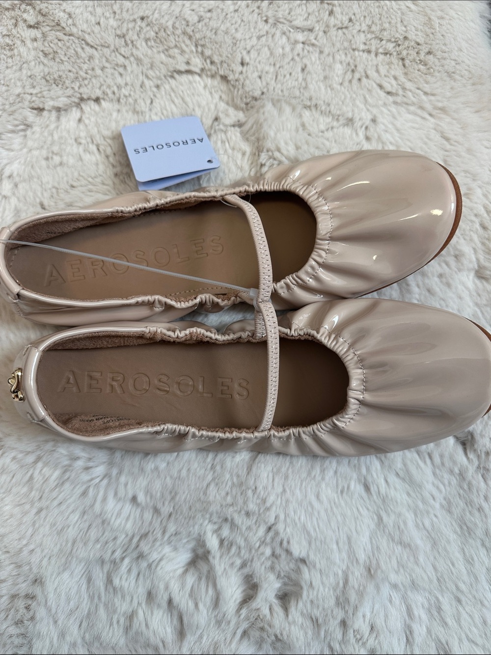 AEROSOLES Patent Elastic Mary Jane Flats in Beige size 8